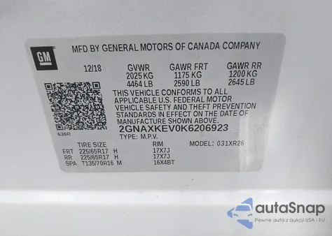 2019 Chevrolet Equinox Lt из США, поврежденный, VIN 2GNAXKEV0K6206923